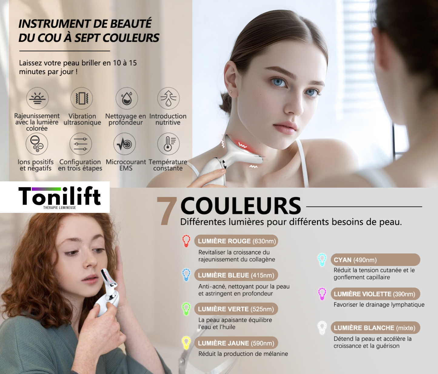 Appareil Anti-Rides Visage & Cou à Technologie LED & Micro-Courant